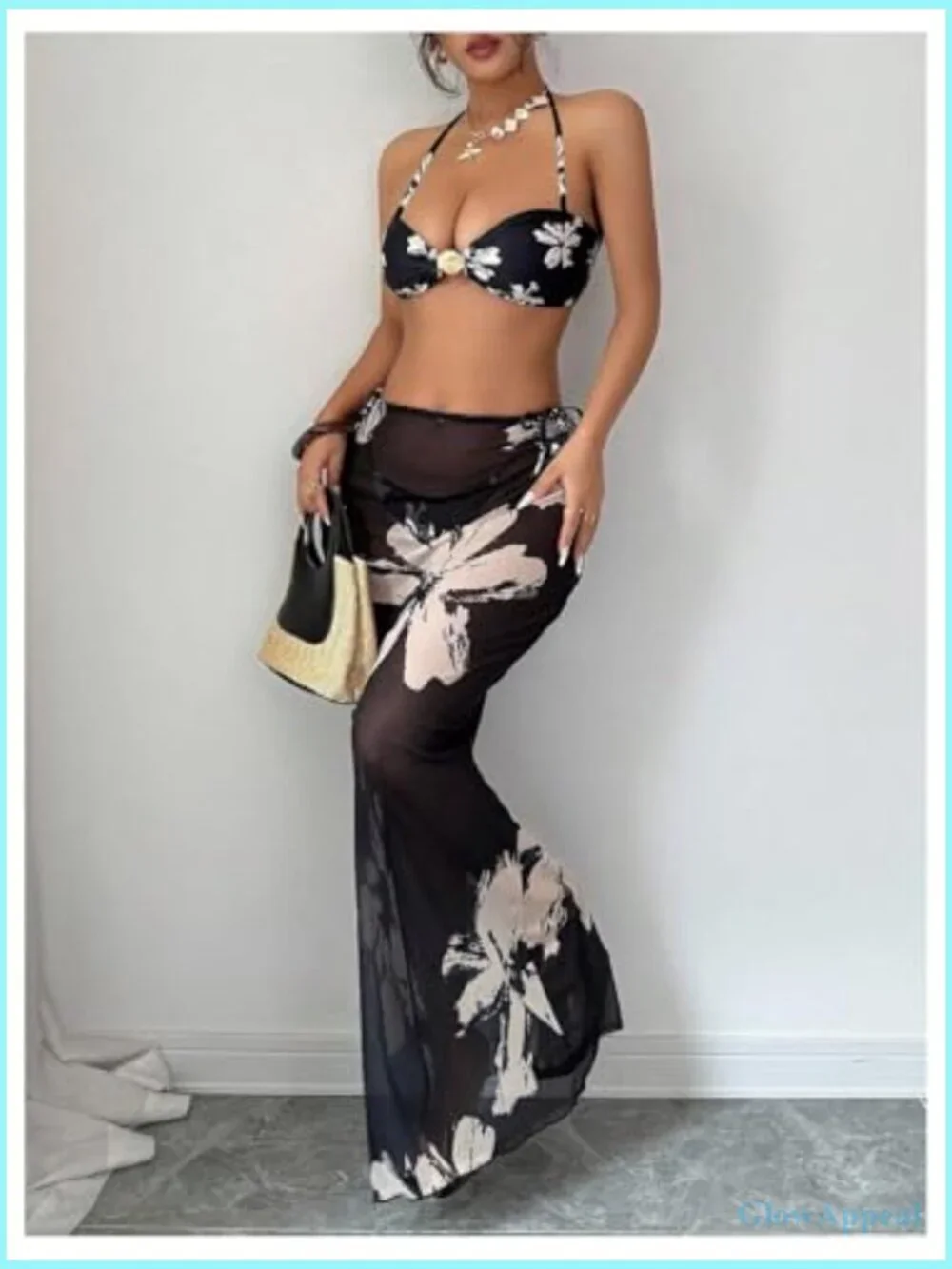 3 Piece Boho Floral Halter Bikini Set with Beach Cover Up Skirt